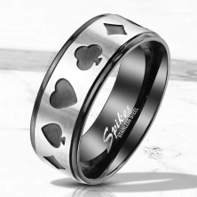 Prsten z oceli v černo-stříbrném odstínu - symboly hracích karet v pokeru, 8 mm