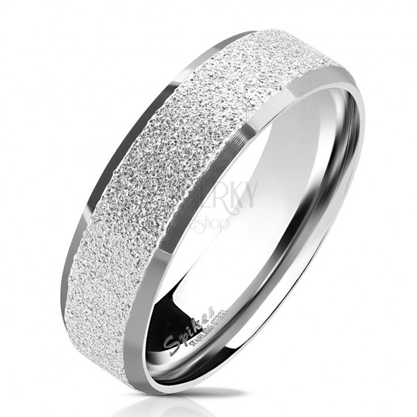 Prsten z oceli s pískovaným pásem - zkosené lesklé okraje, 6 mm