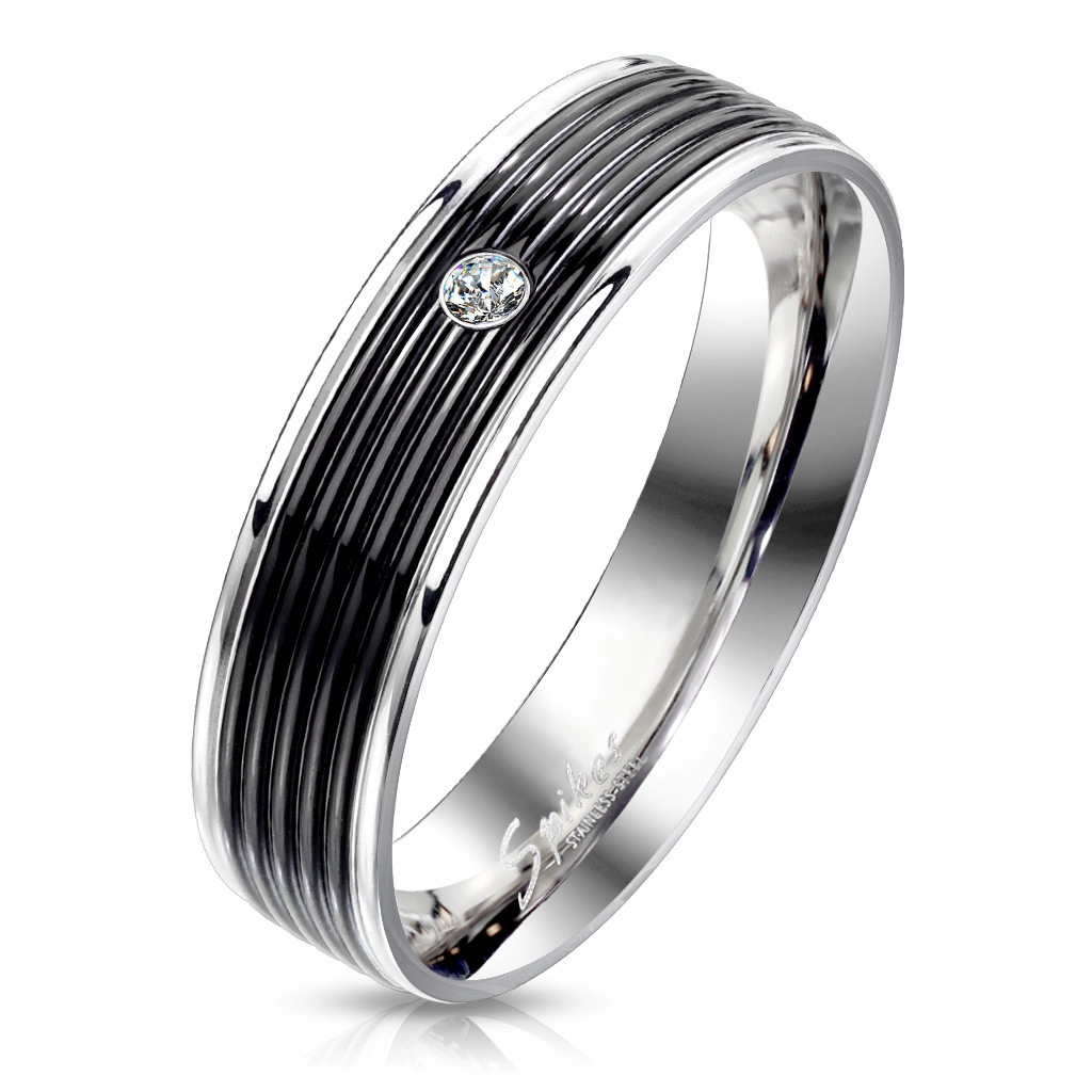 Ocelový prsten s černým pásem - kulatý zirkon čiré barvy, lesklé okrajové linie, 6 mm - Velikost: 59