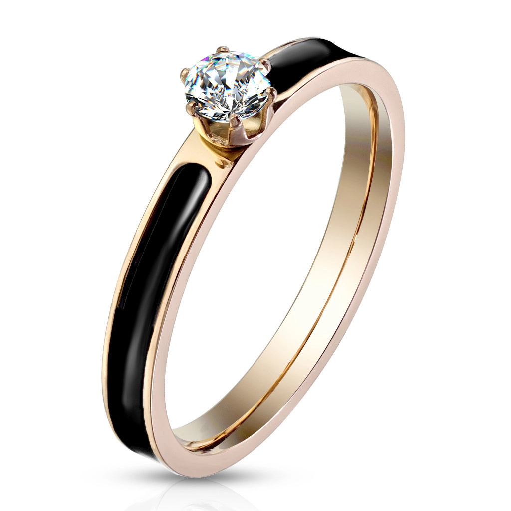 Ocelový prsten s pásem s černou glazurou - kulatý blýskavý zirkon čiré barvy, 3 mm - Velikost: 52