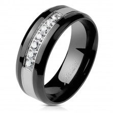 Ocelový prsten v černo-stříbrném odstínu - pás z čirých zirkonů, 8 mm