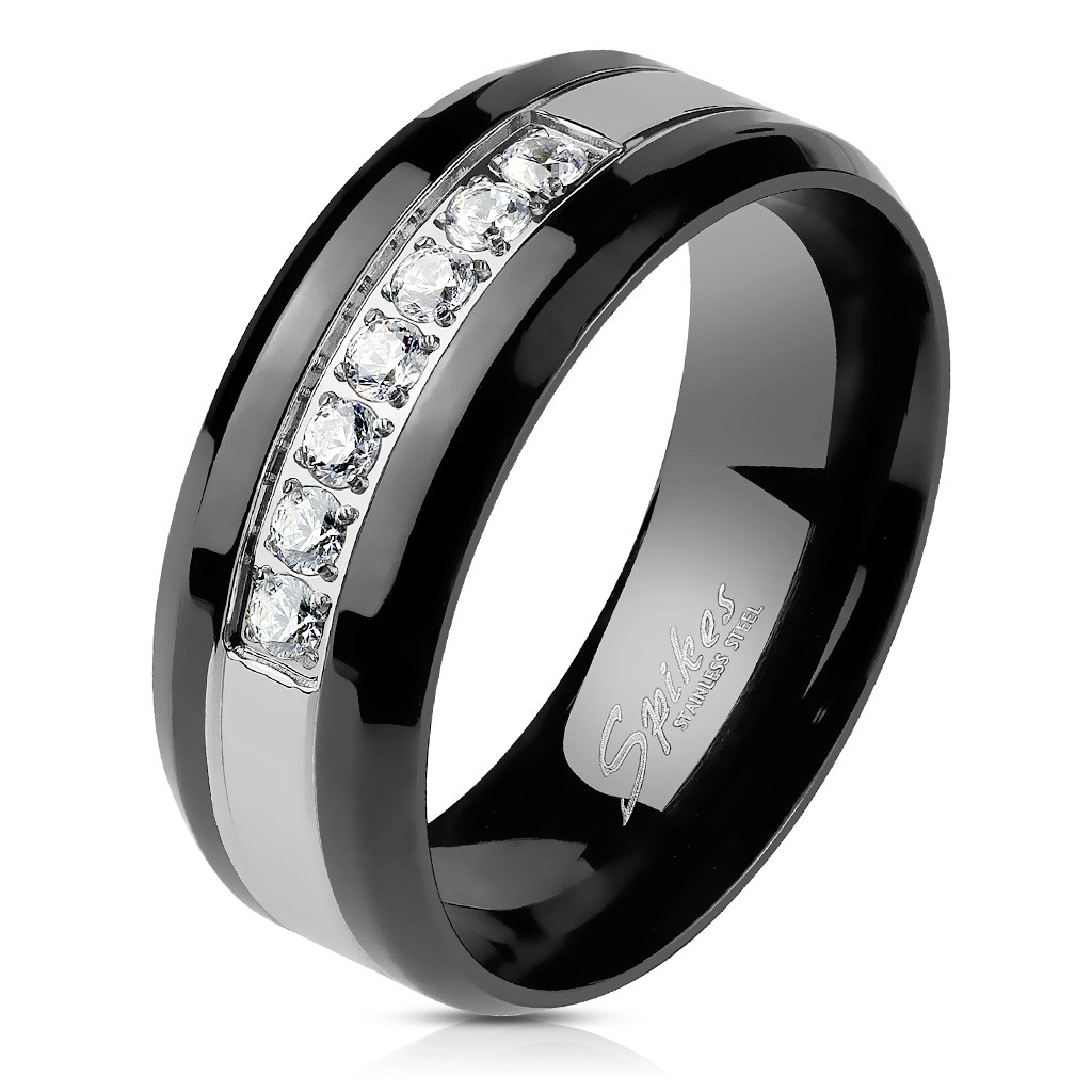 Ocelový prsten v černo-stříbrném odstínu - pás z čirých zirkonů, 8 mm - Velikost: 62