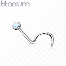 Zahnutý piercing do nosu z titanu - syntetický opál v kulaté objímce, 1 mm