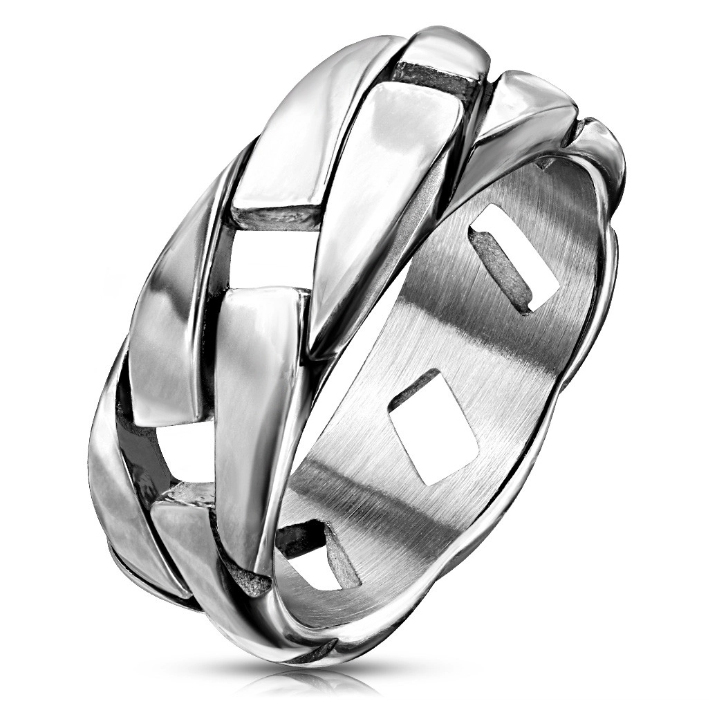 Patinovaný ocelový prstýnek stříbrné barvy - lesklý řetízkový vzor, 8 mm - Velikost: 65