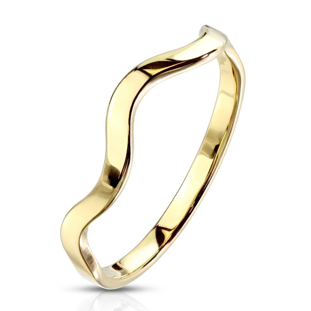 Prsten z oceli ve zlaté barvě - úzká ramena, motiv vlnky, 2 mm - Velikost: 59