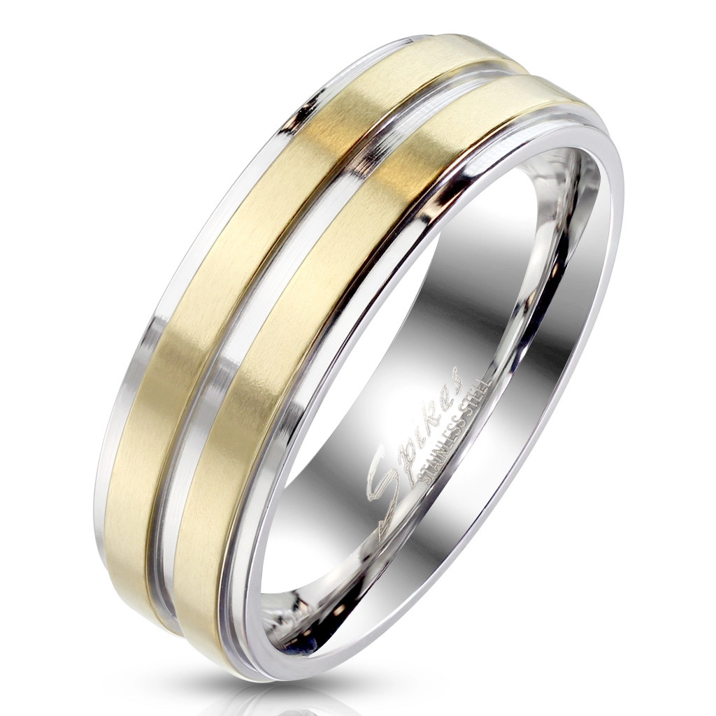 Ocelový prsten stříbrné barvy - ozdobený dvěma proužky ve zlatém provedení, 6 mm - Velikost: 54