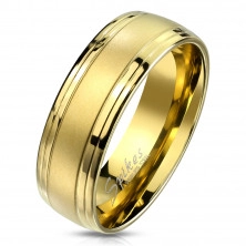 Ocelový prsten zlaté barvy - střední matný pás, linie tenkých lesklých proužků, 8 mm