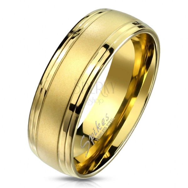 Ocelový prsten zlaté barvy - střední matný pás, linie tenkých lesklých proužků, 8 mm