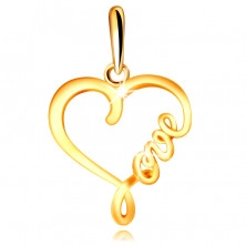 Přívěsek ze žlutého 585 zlata - lesklá kontura srdce s nápisem "Love"