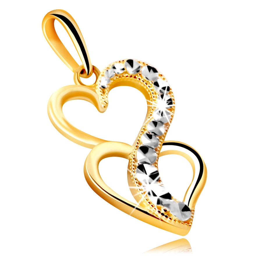 Přívěsek z kombinovaného 14K zlata - dvě srdce spojená prodlouženou třpytivou linií
