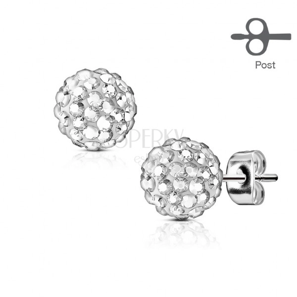 Náušnice z oceli ve stříbrné barvě - kulička ozdobená blýskavými krystalky, puzetové zapínání, 9 mm