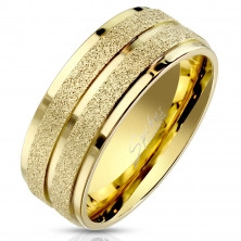 Ocelový prsten ve zlatém barevném provedení - po obvodu dva pískované proužky, 8 mm