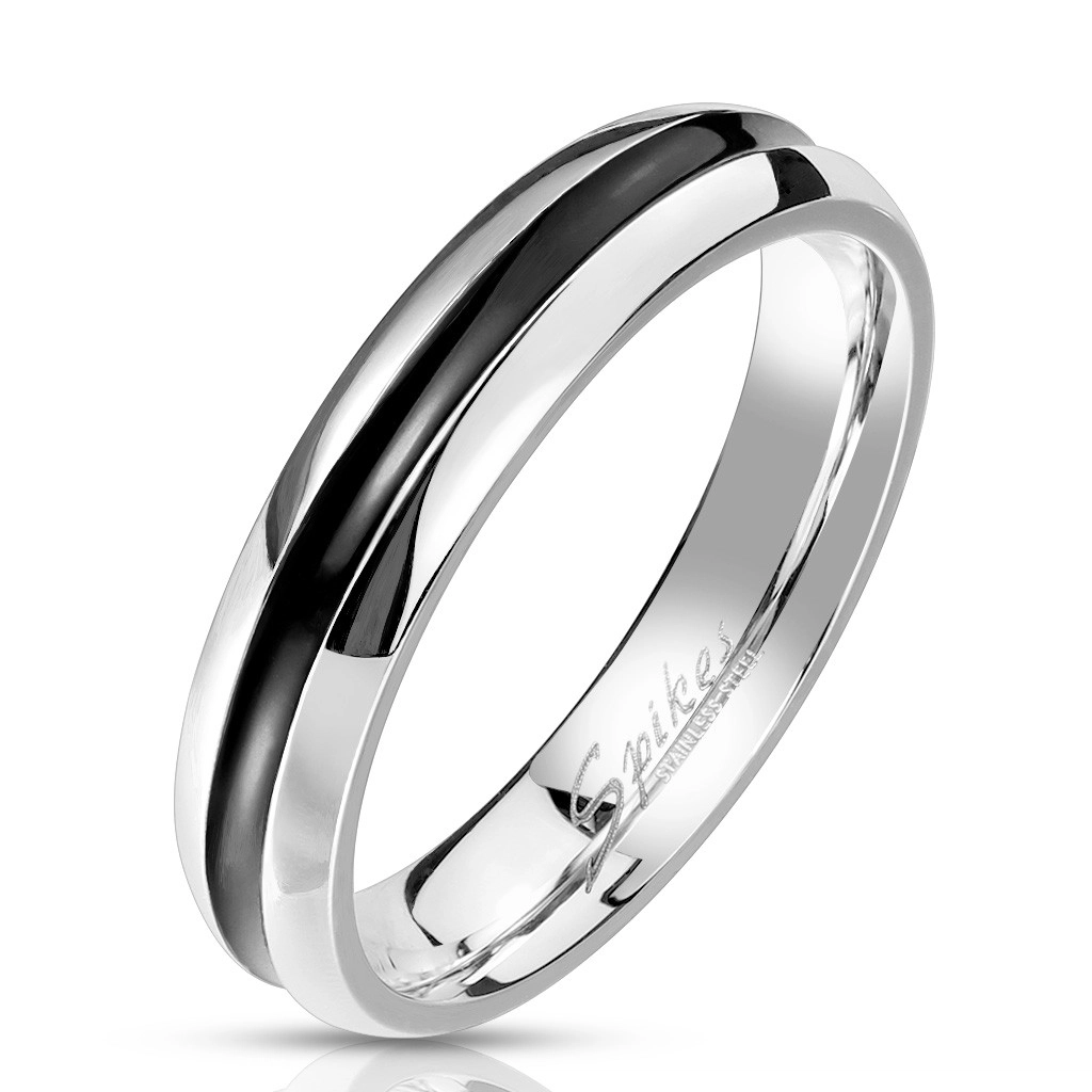 Ocelový prsten ve stříbrném barevném provedení - proužek s černou glazurou, 4 mm - Velikost: 70