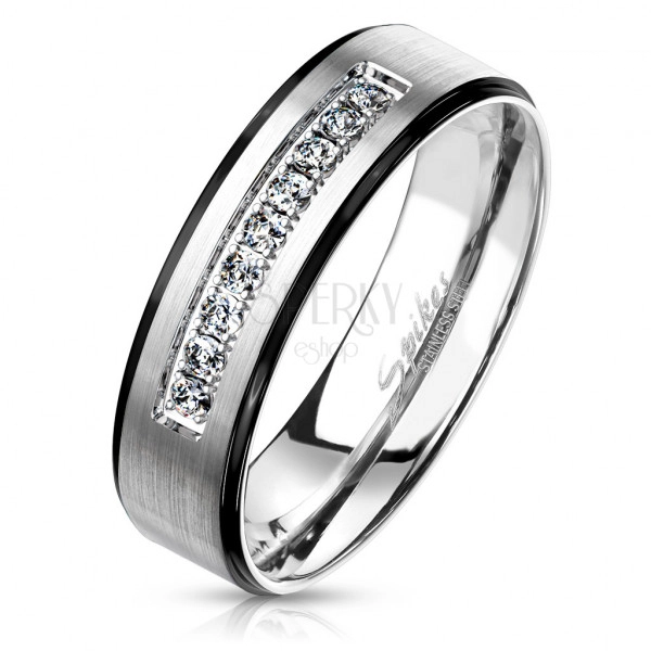 Ocelový prsten s matným povrchem - ozdobený třpytivými zirkony v zářezu, černé lemování, 6 mm
