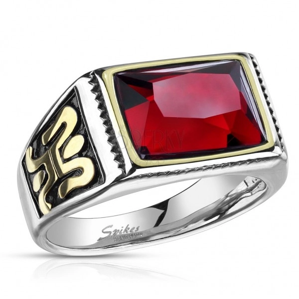Ocelový prsten ve stříbrném provedení s červeným křišťálem - ornament na boku, černá glazura, 13 mm