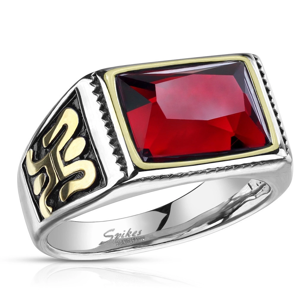 Ocelový prsten ve stříbrném provedení s červeným křišťálem - ornament na boku, černá glazura, 13 mm - Velikost: 57