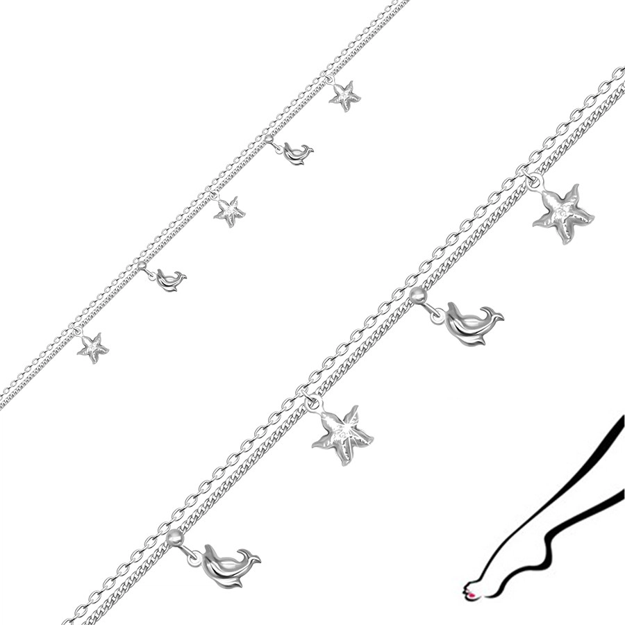 Levně Náramek na kotník z 925 stříbra - zdvojený řetízek, zdobený delfíny a hvězdicemi