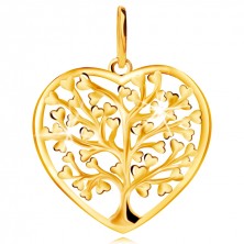 Přívěsek ve žlutém zlatě 585 - kontura srdce s rozvětveným stromem života