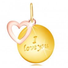 Přívěsek z kombinovaného 585 zlata - kulatá známka s nápisem "I love you", kontura srdce