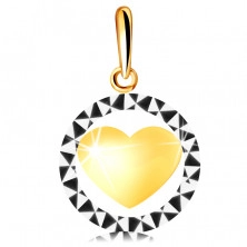 Přívěsek v 585 kombinovaném zlatě - obrys kruhu s trojúhelníkovým řezem, vypouklé srdce