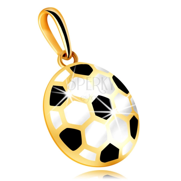 Zlatý 14K přívěsek - vypouklý fotbalový míč s černou a bílou glazurou, dutá zadní strana