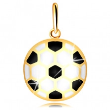 Zlatý 14K přívěsek - vypouklý fotbalový míč s černou a bílou glazurou, dutá zadní strana