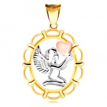 Přívěsek z kombinovaného 14K zlata - modlící se anděl se srdcem na rukou, v oválném rámu