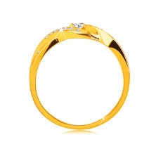 Zlatý prsten ze 14K zlata - tenká propletená ramena se zirkony, kulatý blýskavý zirkon