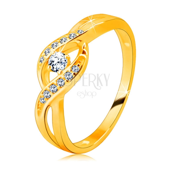 Zlatý prsten ze 14K zlata - tenká propletená ramena se zirkony, kulatý blýskavý zirkon
