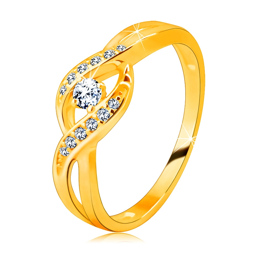 Zlatý prsten ze 14K zlata - tenká propletená ramena se zirkony, kulatý blýskavý zirkon - Velikost: 56