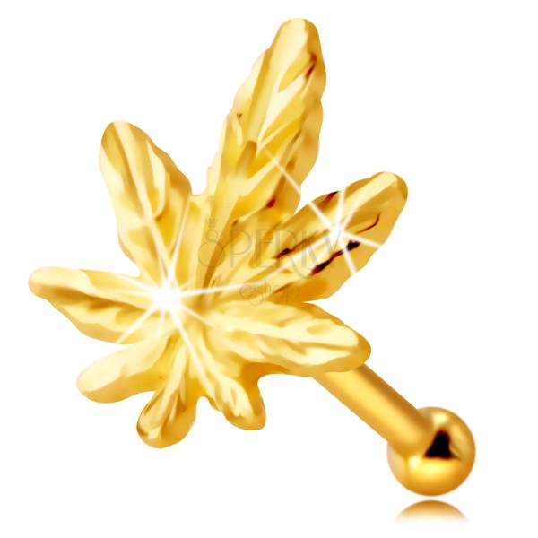 Piercing do nosu ze 14K žlutého zlata - kontura marihuanového listu, drobné žilky