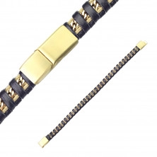 Černý kožený náramek - uprostřed ozdobený řetízkem a drátky ve zlaté barvě