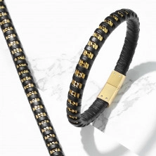 Černý kožený náramek - uprostřed ozdobený řetízkem a drátky ve zlaté barvě