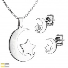 Dvojdílný set z chirurgické oceli - náušnice a náhrdelník ve tvaru půlměsíce s hvězdou