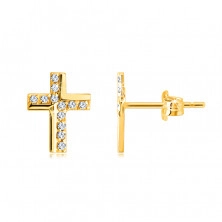 Zlaté náušnice z 9K zlata - křížek ozdobený třpytivými zirkony, lesklý povrch