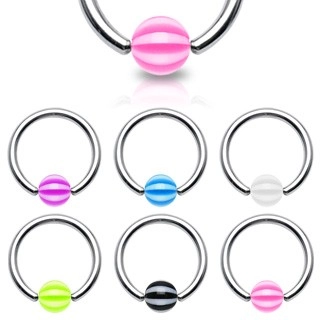 Piercing - kroužek s páskovanou kuličkou - Rozměr: 1,6 mm x 12 mm x 5x5 mm, Barva piercing: Čirá