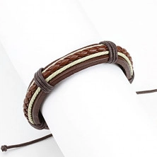 Kožený náramek - tmavě hnědý pás, pletenec karamelové barvy, bílé šňůrky