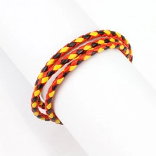Zaplétaný trojbarevný náramek na ruku z kůže - červená, černá a žlutá barva