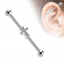 Piercing do ucha z chirurgické oceli - činka ukončená kuličkami, ozdobená křížkem s krystalky