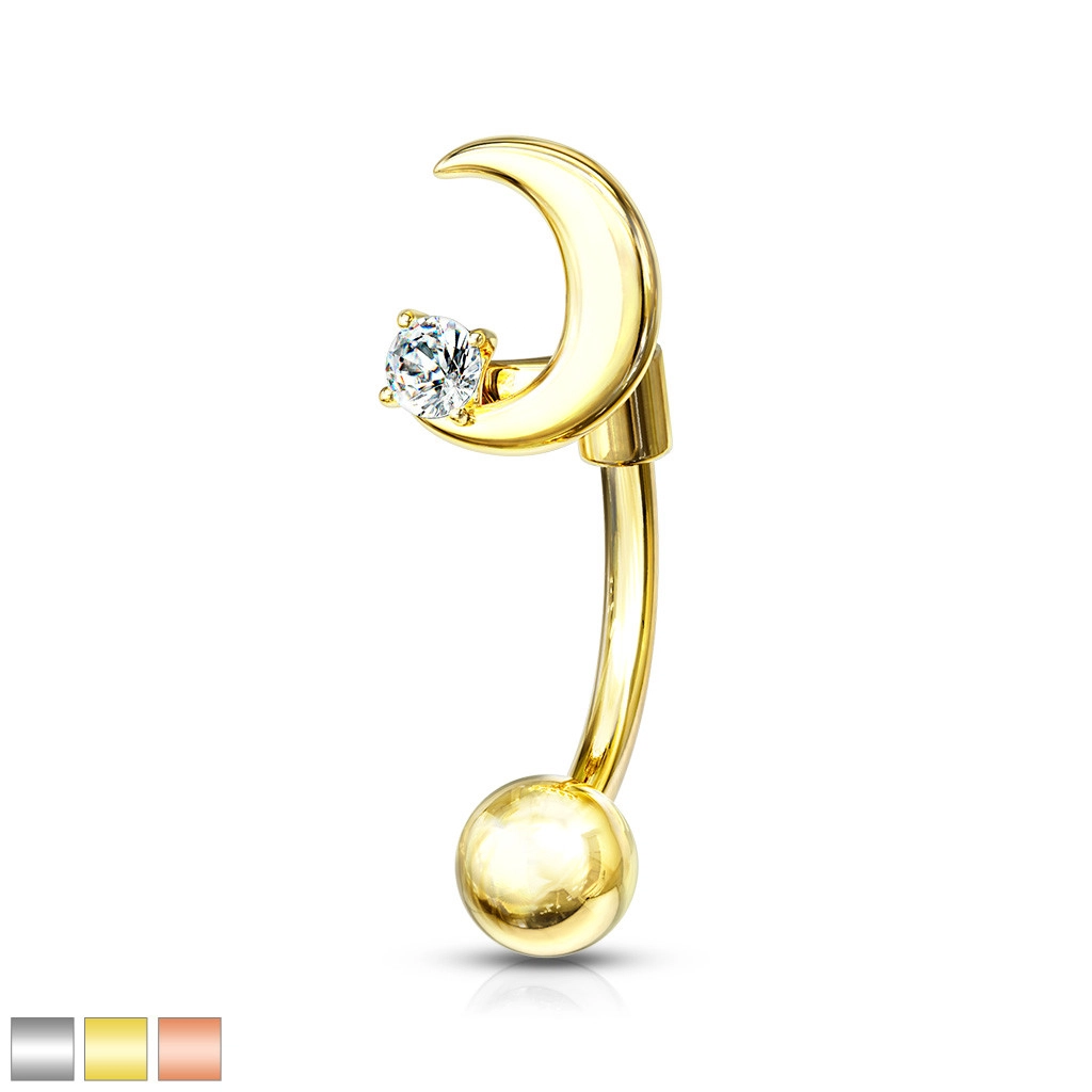 Levně Ocelový piercing do obočí - půlměsíc s drobným kulatým krystalkem, vsazený do kotlíku - Barva: Měděná