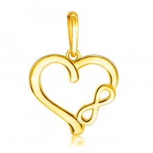 Přívěsek ze žlutého 585 zlata - motiv "INFINITY" v ramenu ve tvaru lesklého srdce, hladký povrch