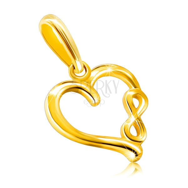 Přívěsek ze žlutého 585 zlata - motiv "INFINITY" v ramenu ve tvaru lesklého srdce, hladký povrch