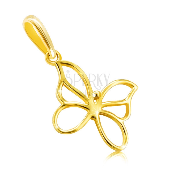 Zlatý 14K přívěsek - motýlek s úzkými hladkými liniemi, křídla s výřezy, drobná kulička uprostřed