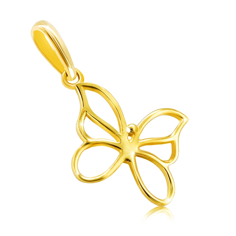 Zlatý 14K přívěsek - motýlek s úzkými hladkými liniemi, křídla s výřezy, drobná kulička uprostřed