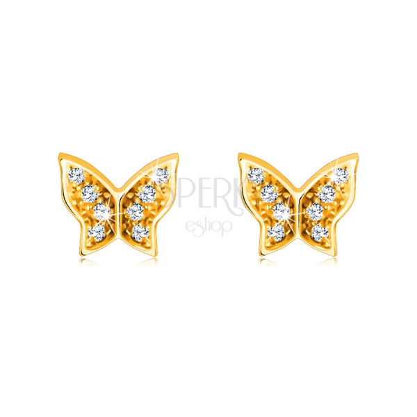 Náušnice ze 14K zlata - motýl zdobený lesklými kulatými zirkony, puzetky