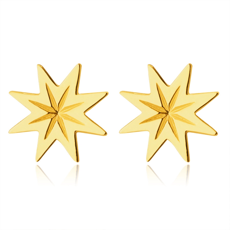 Náušnice ze 14K zlata - osmicípá hvězdička s rýhováním, lesklý hladký povrch, puzetky