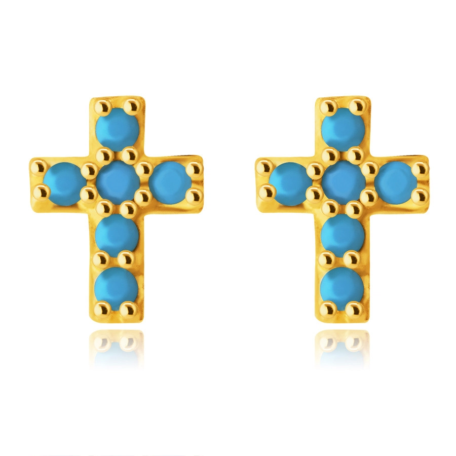 Náušnice ze 14K zlata - drobný latinský křížek ozdobený kulatými tyrkysy, puzetky