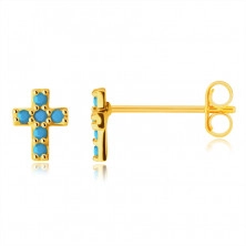 Náušnice ze 14K zlata - drobný latinský křížek ozdobený kulatými tyrkysy, puzetky