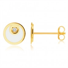 Náušnice z 585 zlata - kroužek ve tvaru měsíčku s bílou glazurou, drobný třpytivý zirkon