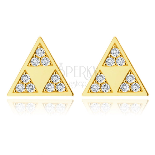 Zlaté 585 náušnice - lesklý trojúhelník se třemi menšími trojúhelníky ve výřezu, drobné zirkony